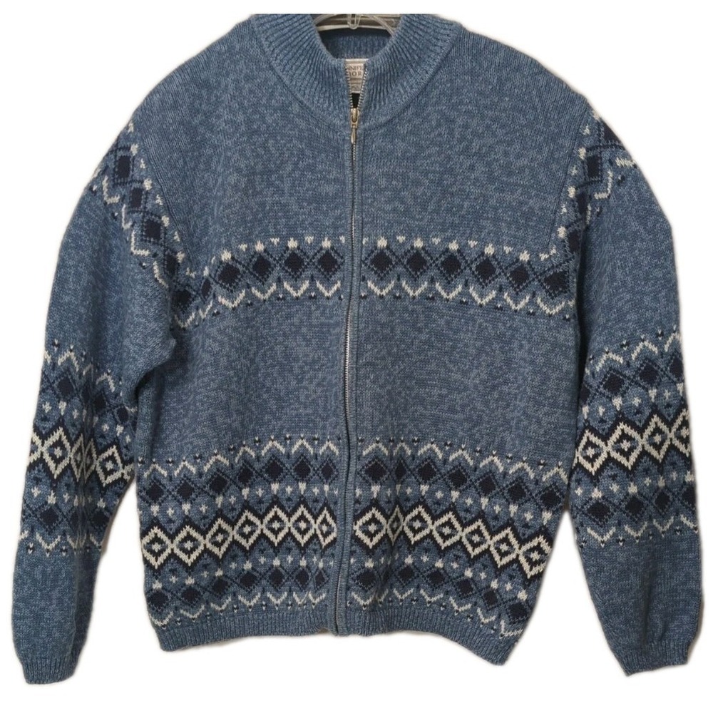 Jennifer Moore Cotton Fair Isle Full Zip Sweater Jacket Size Large Blue White